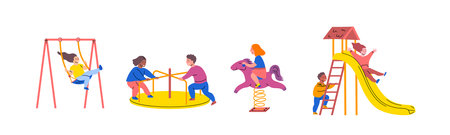 Cartoon Color Characters Kids Playing on Playground Set Kindergarten or Children Activity Concept Flat Design Style. Vector illustrationのイラスト素材
