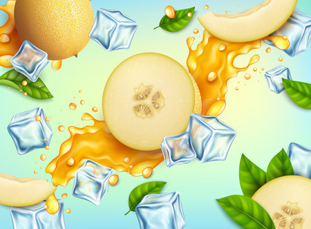 Realistic Detailed 3d Half Fresh Melon with Splash and Ice Cubes Juice Freshness Drink Concept Background. Vector illustrationのイラスト素材