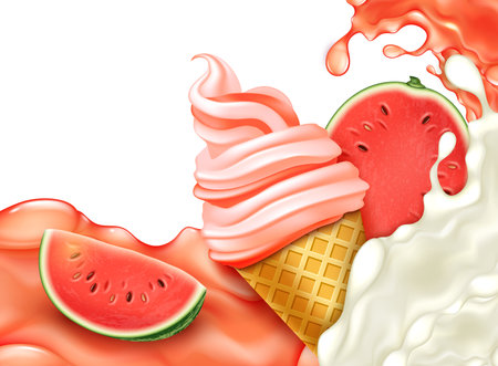 Realistic Detailed 3d Ice Cream Sweet Watermelon Concept. Vector illustration of Water Melon Soft Icecream Cone with Splashのイラスト素材