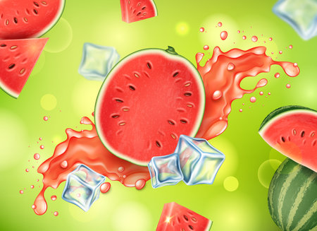 Realistic Detailed 3d Half Fresh Watermelon with Splash and Ice Cubes Juice Freshness Drink Concept Background. Vector illustrationのイラスト素材