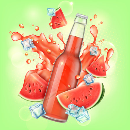 Realistic Detailed 3d Watermelon Organic Juice Bottle with Splash and Ice Cubes Concept Background. Vector illustrationのイラスト素材