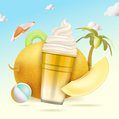 Realistic Detailed 3d Melon Natural Smoothie Concept Background. Vector illustration of Cantaloupe Fruit Summer Cocktail Drinkのイラスト素材