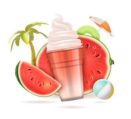 Realistic Detailed 3d Watermelon Natural Smoothie Summertime Concept Background. Vector illustration of Fruit Summer Cocktail Drinkのイラスト素材