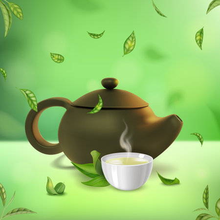 Realistic Detailed 3d Green Tea Concept Background with Falling Fresh Leaf, Teapot and Cup. Vector illustrationのイラスト素材