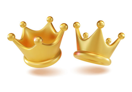 3d Gold Crown Set Cartoon Style Symbol of Monarchy and Leadership. Vector illustration of Royal Crownsのイラスト素材
