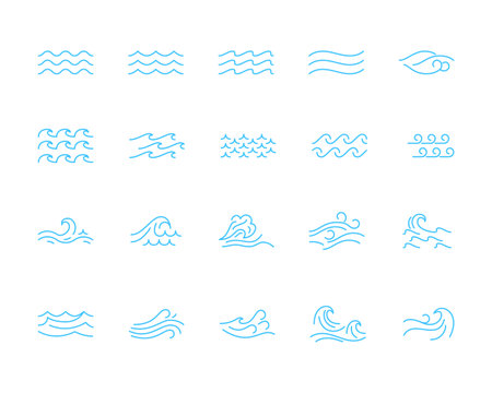 Different Types Water Wave Blue Thin Line Icon Set. Vector illustration of Sea and Ocean Surf Bordersのイラスト素材