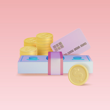 3d Dollar Bill Pack with Plastic Credit Card and Coins Cartoon Style Wealth Concept. Vector illustrationのイラスト素材