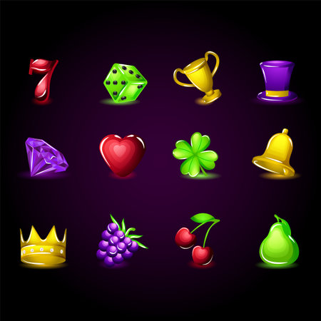 3D Color Different Slots Icons for Casino Slot Machines Include of Cherry, Seven, Heart and Diamond. Vector illustrationのイラスト素材