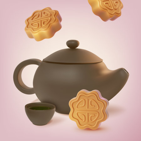 3d Happy Mid Autumn Festival Concept Cartoon Style Include of Baked Mooncake, Teapot and Cup. Vector illustrationのイラスト素材