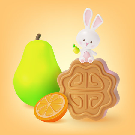 3d Happy Mid Autumn Festival Concept Cartoon Style Pomelo and Rabbit Sitting on Mooncake. Vector illustrationのイラスト素材