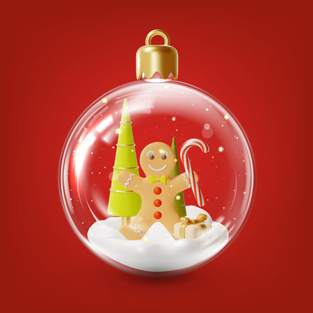 3d Christmas Tree Decoration Glass Ball Transparent inside Snow and Gingerbread Man Cartoon Style. Vector illustrationのイラスト素材