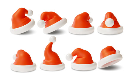 3d Different Red Santa Hats Set Cartoon Style Symbol of New Year and Christmas Holiday Isolated on a White Background. Vector illustration of Xmas Hatのイラスト素材