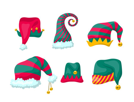 Cartoon Color Christmas Hats Elves Icon Set Party Costume Element Concept Flat Design Style. Vector illustrationのイラスト素材