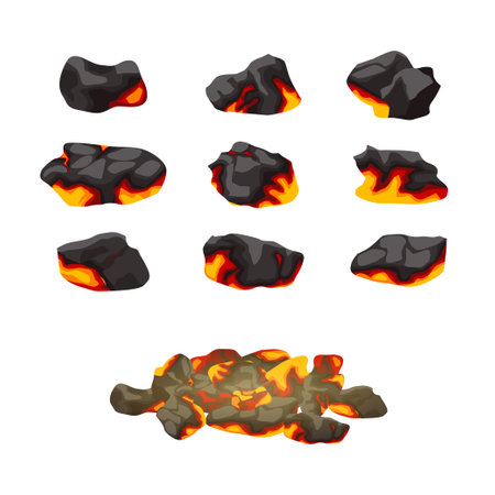 Cartoon Color Burning Charcoal for Grill and Barbecue Set Concept Flat Design Style. Vector illustration of Glowing Coalsのイラスト素材