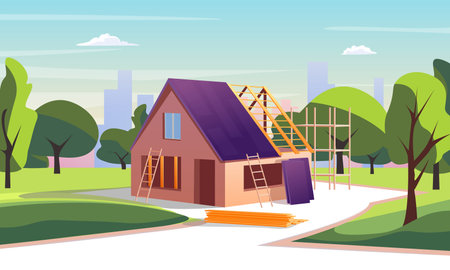 Cartoon Color Unfinished House Construction on a Landscape Scene Concept Flat Design Style. Vector illustration of Home Projectのイラスト素材