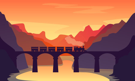 Cartoon Color Vintage Locomotive Train on Railway Bridge Landscape Scene Concept Flat Design Style. Vector illustration of Panorama Viewのイラスト素材
