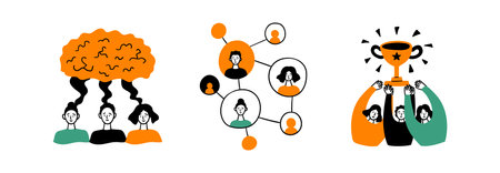 Cartoon Color Teamwork Brainstorm Concept Scene Set Flat Design Style. Vector illustration of...