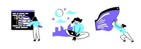 Cartoon Color Web Development Concept Scenes Set Flat Design Style. Vector illustration of Character Girl Taking part in Development Situationsのイラスト素材