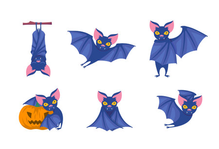 Cartoon Color Characters Halloween Bats Set Concept Flat Design Style Symbol of October Holiday. Vector illustrationのイラスト素材