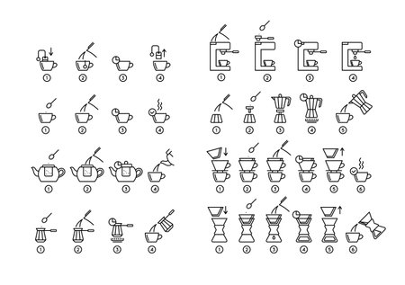 Brewing Tea and Coffee Instruction Black Thin Line Icon Set. Vector illustration of How to Make Hot Drink Process Iconsのイラスト素材