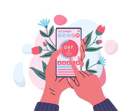 Cartoon Color Menstruation Cycle Calendar in Mobile Phone Hands Hold Smartphone Concept. Vector illustration of Woman Periods Calendarのイラスト素材