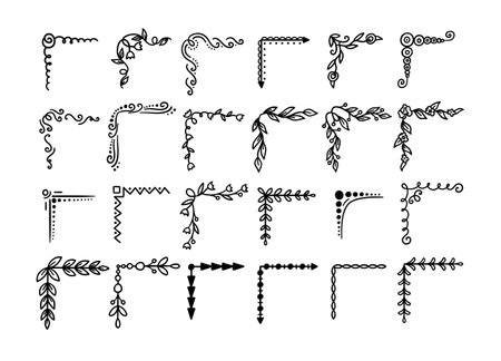 Hand Drawn Corner Black Thin Line Icon Set. Vector illustration of Different Shapes Decoration Design Elements for Web and Appのイラスト素材