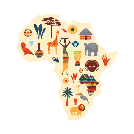 Cartoon Color African Ethnic Icon Set Concept Flat Design Style Include of Vase, Mask and Baobab. Vector illustrationのイラスト素材