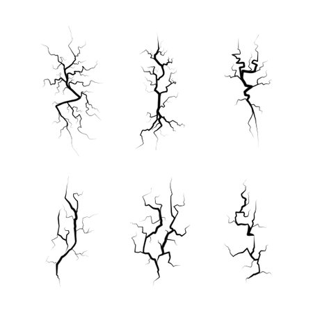 Ground Cracks Texture Damage Top View Black Thin Line Icon Set Destruction Effect. Vector illustration of Fissureのイラスト素材