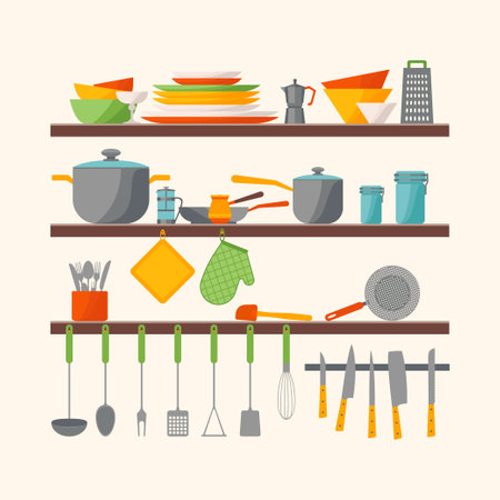 Cartoon Color Different Kitchen Shelves Set Include of Cup, Pot, Dish and Bowl Concept Flat Design Style. Vector illustrationのイラスト素材