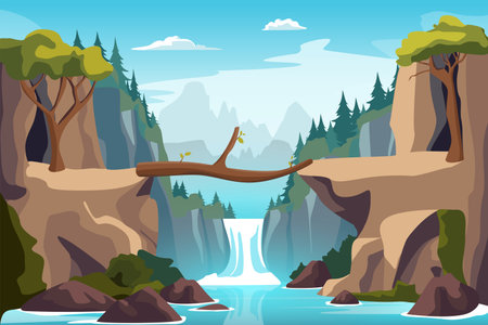 Cartoon Color Log Bridge Landscape Scene Adventure, Travel and Tourism Concept Flat Design Style. Vector illustrationのイラスト素材