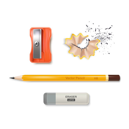 Realistic Detailed 3d Different Color Stationery Tools Set for Office or School. Vector illustration of Pencil, Sharpener and Eraserのイラスト素材