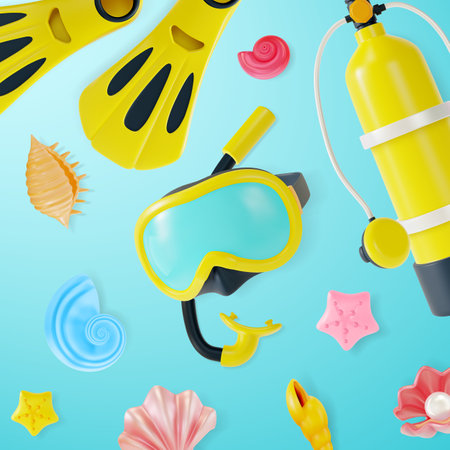 3d Scuba Diving Learn to Dive with Us Concept Background Cartoon Style. Vector illustration of Diving Equipmentのイラスト素材