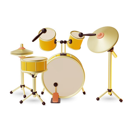 3d Drum Kit Cartoon Style Percussion Musical Instrument Isolated on a White Background. Vector illustration of Drums Set with Cymbalsのイラスト素材