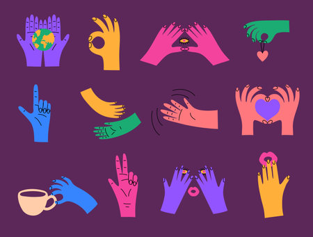 Cartoon Groovy Hippie Colorful Hand Set Concept Flat Design Style Different Gestures Peace and Heart. Vector illustrationのイラスト素材