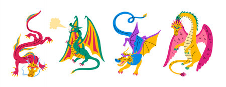 Cartoon Color Different Characters Dragons Set Fairytale or Mythology Concept Flat Design Style Symbol of Asian or Medieval Culture. Vector illustrationのイラスト素材
