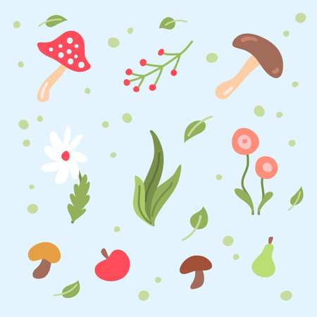 Cartoon Color Autumn Floral and Plants Collection Concept Flat Design Style Include of Berry Branch and Mushroom. Vector illustrationのイラスト素材