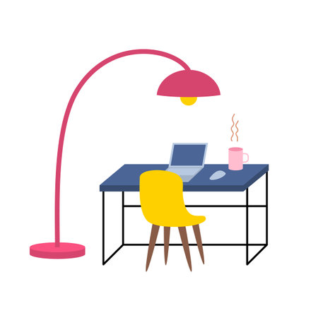 Cartoon Color Desktop, Laptop, Lamp and Chair Set Element Home Inside Interior Concept Flat Design Style. Vector illustrationのイラスト素材