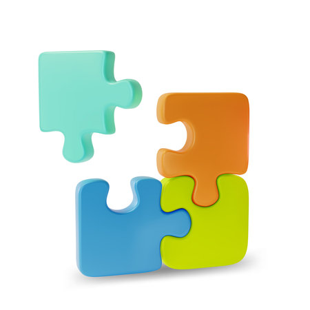 3d Color Jigsaw Puzzle Cartoon Style Game or Teamwork Concept Isolated on a White Background. Vector illustration of Puzzles Partsのイラスト素材