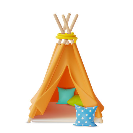 3d Tent Children Room Cartoon Style. Vector illustration of Wigwam or Teepee with Pillowsのイラスト素材