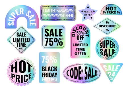 Holographic Sticker Set Sale Promotion Concept Black Friday. Vector illustration of Discount Stickers Labels Badges Signsのイラスト素材