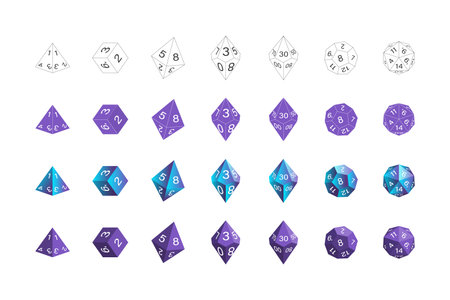 Cartoon Color Different Gambling Game Dice with Random Numbers Icon Set Concept Flat Design Style. Vector illustration of Polyhedron Dicesのイラスト素材