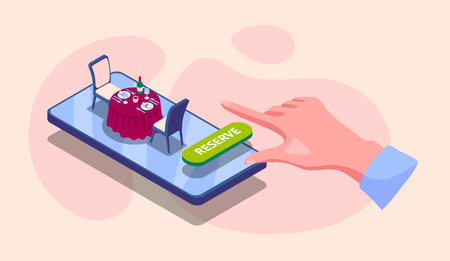 Color Online Reserved Table in Cafe or Restaurant Mobile Service Concept Isometric View Element. Vector illustration of Hand and Smartphoneのイラスト素材