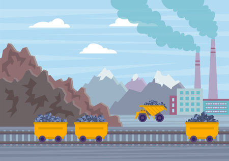 Cartoon Color Coal Mine Industry and Transportation on a Landscape Scene Concept Flat Design Style. Vector illustration of Mineral Extractionのイラスト素材