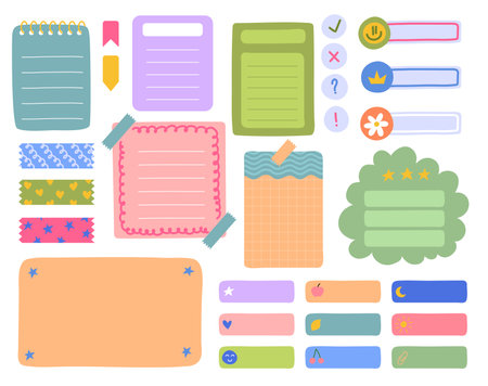 Cartoon Color Different Task Planners and Paper Sticky Notes Set Reminder Concept Flat Design Style. Vector illustrationのイラスト素材