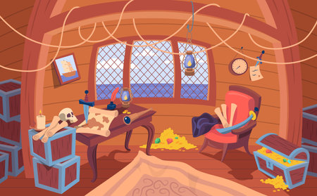 Cartoon Color Capitan Ship Cabin Interior Inside Scene Adventure Concept Flat Design Style. Vector illustration of Pirate Chest Treasure, Spyglass and Mapのイラスト素材