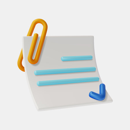 3d Paper Sheet Letter with Check Mark and Clip Cartoon Style Isolated on a White Background. Vector illustration of Work Contract Conceptのイラスト素材