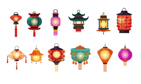 Cartoon Color Different Types Hanging Lanterns Set Traditional Oriental Festival Decoration Concept Flat Design Style. Vector illustration of Paper Lanternのイラスト素材