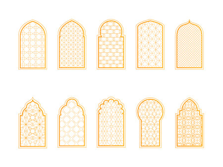 Arab Windows Sign Color Thin Line Icon Set. Vector illustration of Gold Arch Window Arabesque Ornament Shapesのイラスト素材