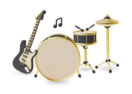 3d Drum Kit and Electric Guitar Cartoon Style Musical Instrument for Rock Metal Concert . Vector illustration of Drums Set with Cymbalsのイラスト素材