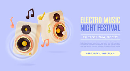 3d Electro Music Night Festival Placard Poster Banner Card Template Cartoon Style. Vector illustration of Invitation Partyのイラスト素材